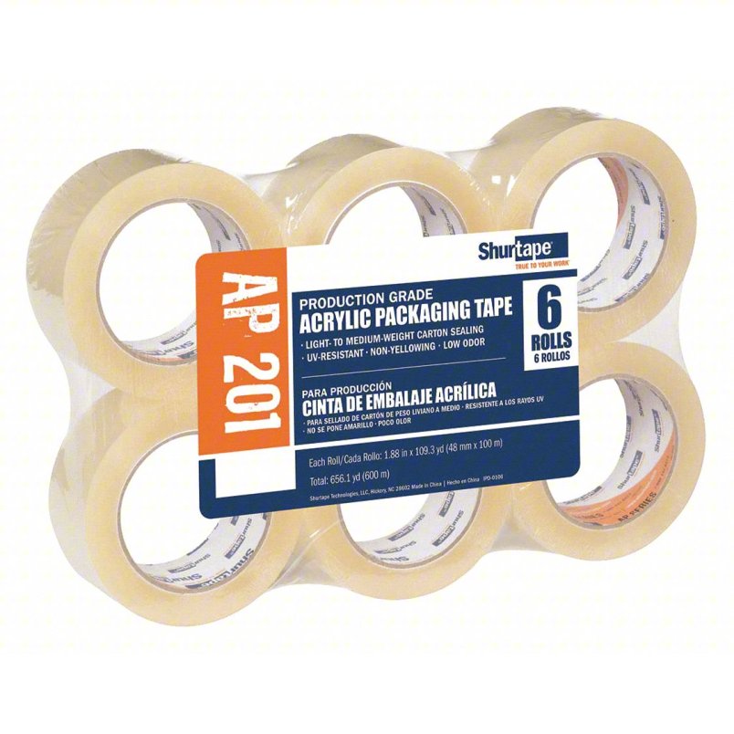 Carton Sealing Tape: 2 mil Tape Thick, 2 in x 110 yd, 48 mm x 100 m, Clear, Std Duty, 6 PK