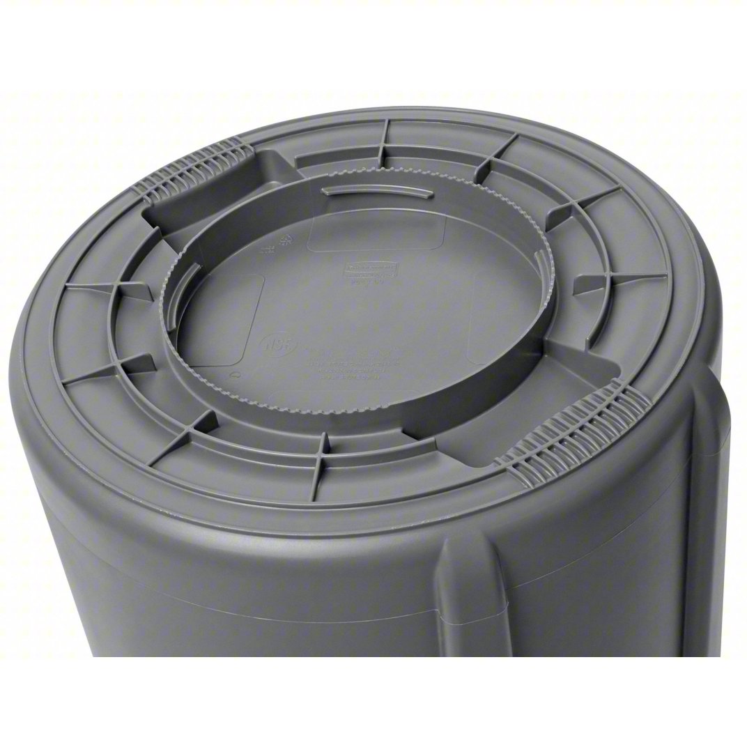 Trash Can: Round, Gray, 32 gal Capacity, 22 in Wd/Dia, 27 1/4 in Ht