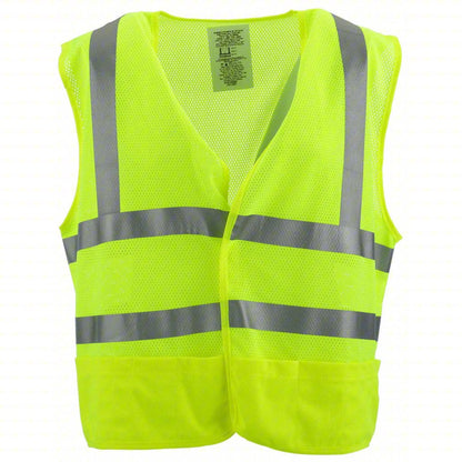 High-Visibility Vest: ANSI Class 2, U, L, Lime, Mesh Polyester, Hook-and-Loop, Double, 2